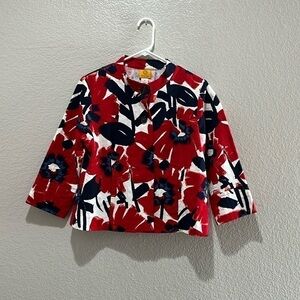 Ruby Rd Ladies Red White & Blue Watercolor Flowers Shrug Jacket Big Buttons sz 8